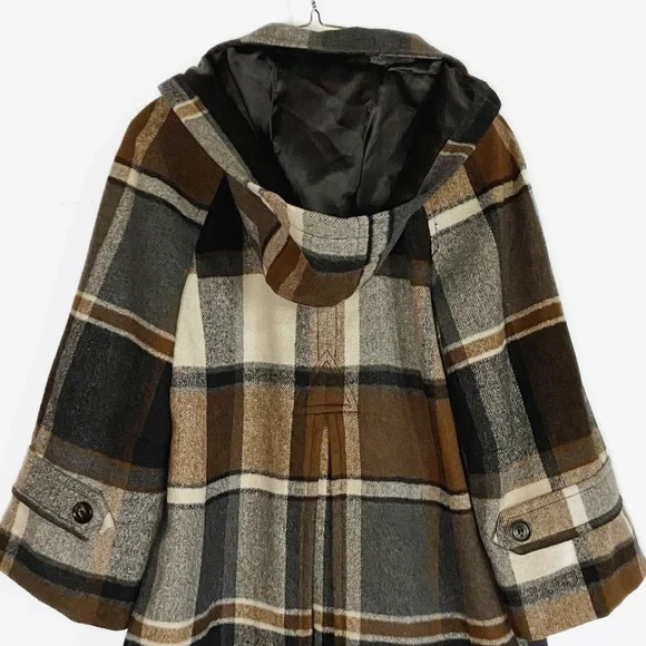Elevenses Womens Wool blend Plaid Brown and Black Pea Coat Anthropologie size S - Picture 5 of 14
